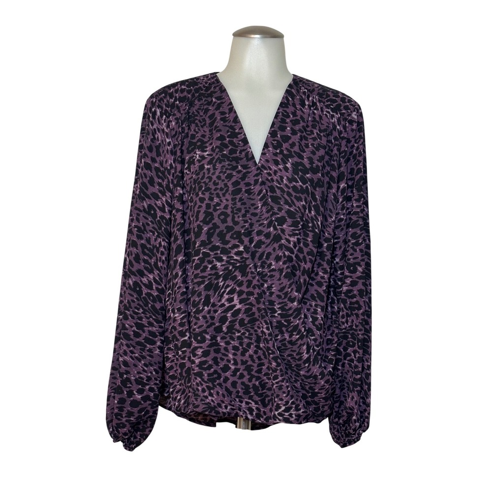 Catherine Malandrino Blouse Womens XL Purple Leopard Print Faux Wrap Excellent